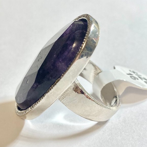Vintage Purple Amethyst Cocktail Ring Chunky Oval Cut Silver Plated 5 6 7 8 9 - Picture 8 of 13